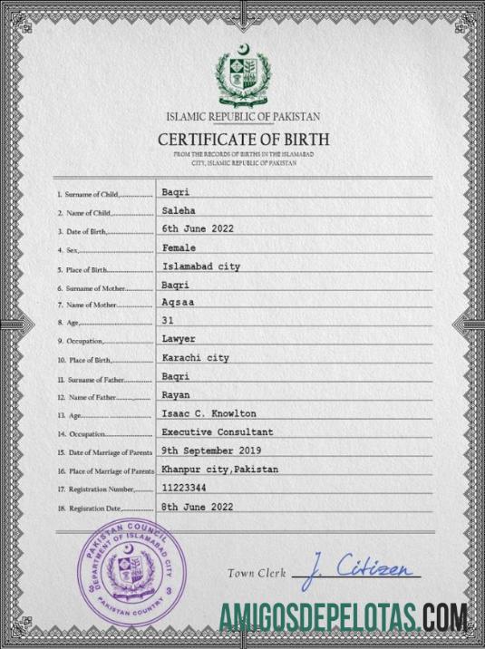 Para baixar modelo PSD de certidão de nascimento de registro vital do Paquistão